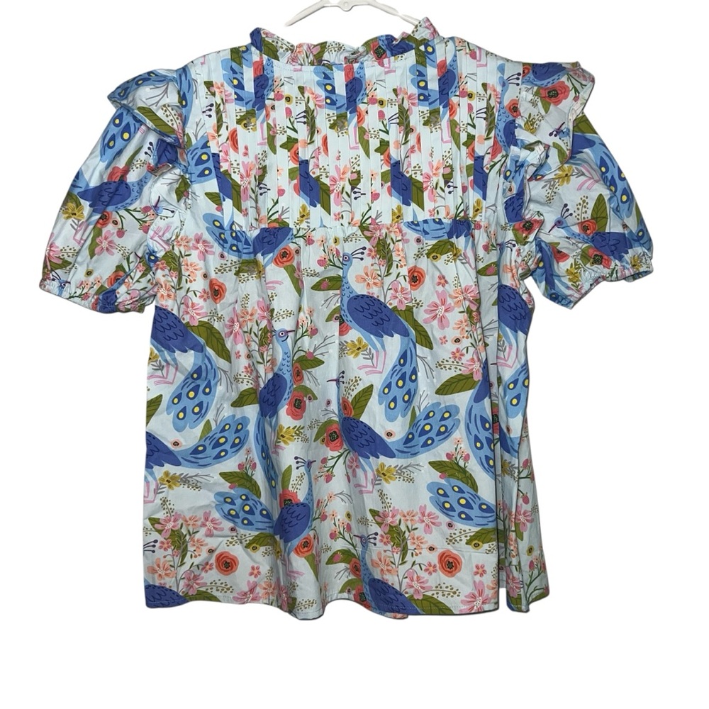 Sincerely Ours Womens Ruffled Blouse Small Peacock Blue Print - Picture 2 of 6
